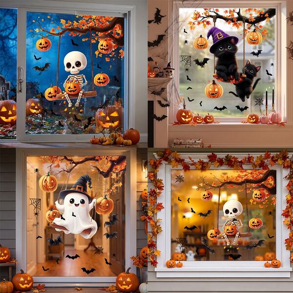 1pc Halloween Swing Skeleton Ghost Black Cat Window Sticker, Static Cling Reusable, Suitable For Home, Office, Halloween Party Decoration