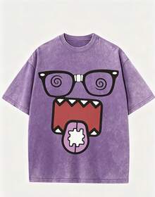 Epic Funny Dizzy Monster Print Washed Cotton T-Shirt, 220g Vintage Streetwear Loose Short Sleeve Tee, Aesthetic Casual Summer Top - 紫色 - 查看 8