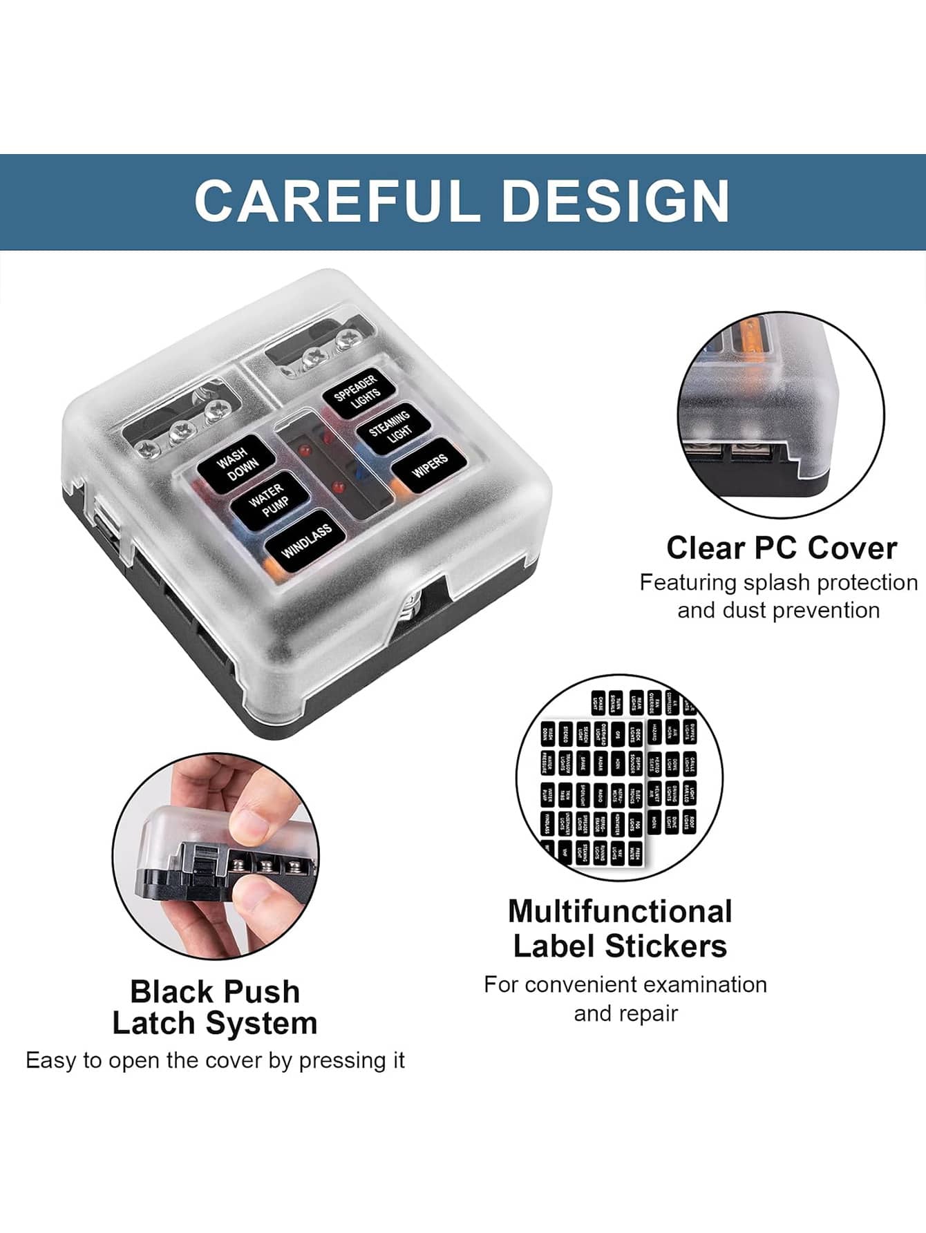 6-Way Fuse Block, Fuse Box, 12V, 6 Circuits With Negative Fuse Holder For Bus, Car Accessories, Waterproof Fuse Box With LED Indicator, Suitable For Car - Black - View 1