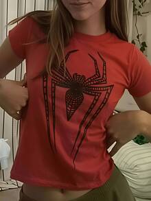 Women's Casual Blue Short Sleeve Round Neck Spider Graphic Print Short T-Shirt, Polyester Slight Stretch Tee,Summertrends,Summer Outfit Inspos - 紅色 - 查看 1