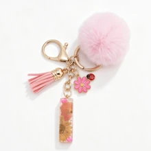 1pc Pink Glitter Letter Keychain (A-Z) - Dried Flower Shell Resin Letter Charm With Pop Pom Pom, Leather Tassel And Oil-Drip Daisy Beetle Accessory, Fashion Key Ring, Suitable For Bags/Cars, Cute Gift For Women And Mothers - Multicolor - View 13