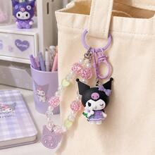 MINISO Sanrio Kuromi Purple Flower Beaded Wrist Strap Keychain, Cute Character Mini Figure Bag Charm With Glitter Bead Bracelet, Purple Clip Hook & Character Tag, Backpack Purse Accessory, Back To School Gift - Style 3 - View 2