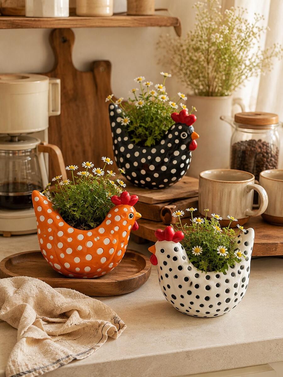 Cute Resin Hen Planter, Polka Dot Animal Planter, Suitable For Succulents, Herbs And Small Plants, Country Kitchen Style, Suitable For Desktop, Shelf, Porch, Patio, Garden And Thanksgiving Decor - Multiple Styles - View 1