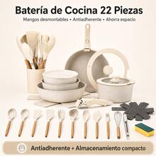 Juego de Ollas y Sartenes Antiadherentes de 22 Piezas con Mangos Desmontables, Batería de Cocina Apilable para Inducción y Gas, con Tapas de Vidrio y 11 Utensilios de Silicona, Color Crema - Ver 9