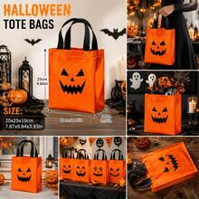 24pcs Halloween Orange Tote Bags 20x25cm Pumpkin & Ghost Face Mixed Design Day Of The Dead Holiday Party Candy Gift Packaging - Orange - View 2