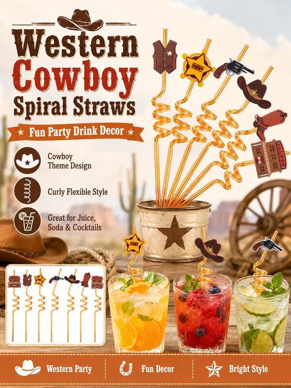 Juego de 8 pajitas espirales de estilo vaquero occidental, pajitas rizadas de colores con decoración temática de vaquero en la parte superior, accesorios divertidos para beber jugos, refrescos, cócteles y otras bebidas, suministros para fiestas, celebraciones de cumpleaños y eventos festivos