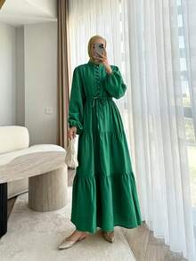 女款優雅純色鈕扣腰帶綁帶長袖燈籠袖拼接下擺長洋裝 秋季 - 祖母綠 - 查看 5