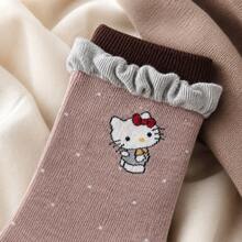 MINISO Sanrio Hello Kitty Calcetines de Tripulación Bordados Patrón de Micro-Puntos en Tonos Tierra con Puño Fruncido en Contraste Esencial para la Vuelta al Colegio - Estilo 3 - Ver 4