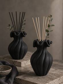 1pc Wabi Sabi Matte Black Ribbed Reed Diffuser Bottle, Ruffled Wave Rim Design, Minimalist Dried Flower Aroma Vessel, Living Room Table Neutral Home Decor Gift - Wabi-sabi Spiral Vase - View 8