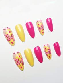 24pcs Almond Shape Shiny Pink Solid Color Press-On Nails, Long Yellow Floral Outline Pattern, Nude Transparent Acrylic Fake Nails Set, Includes 1pc Jelly Glue And 1pc Nail File, Summer Bright Floral Manicure, Suitable For Women And Girls, Daily Vacation Beach - Multicolor - View 3