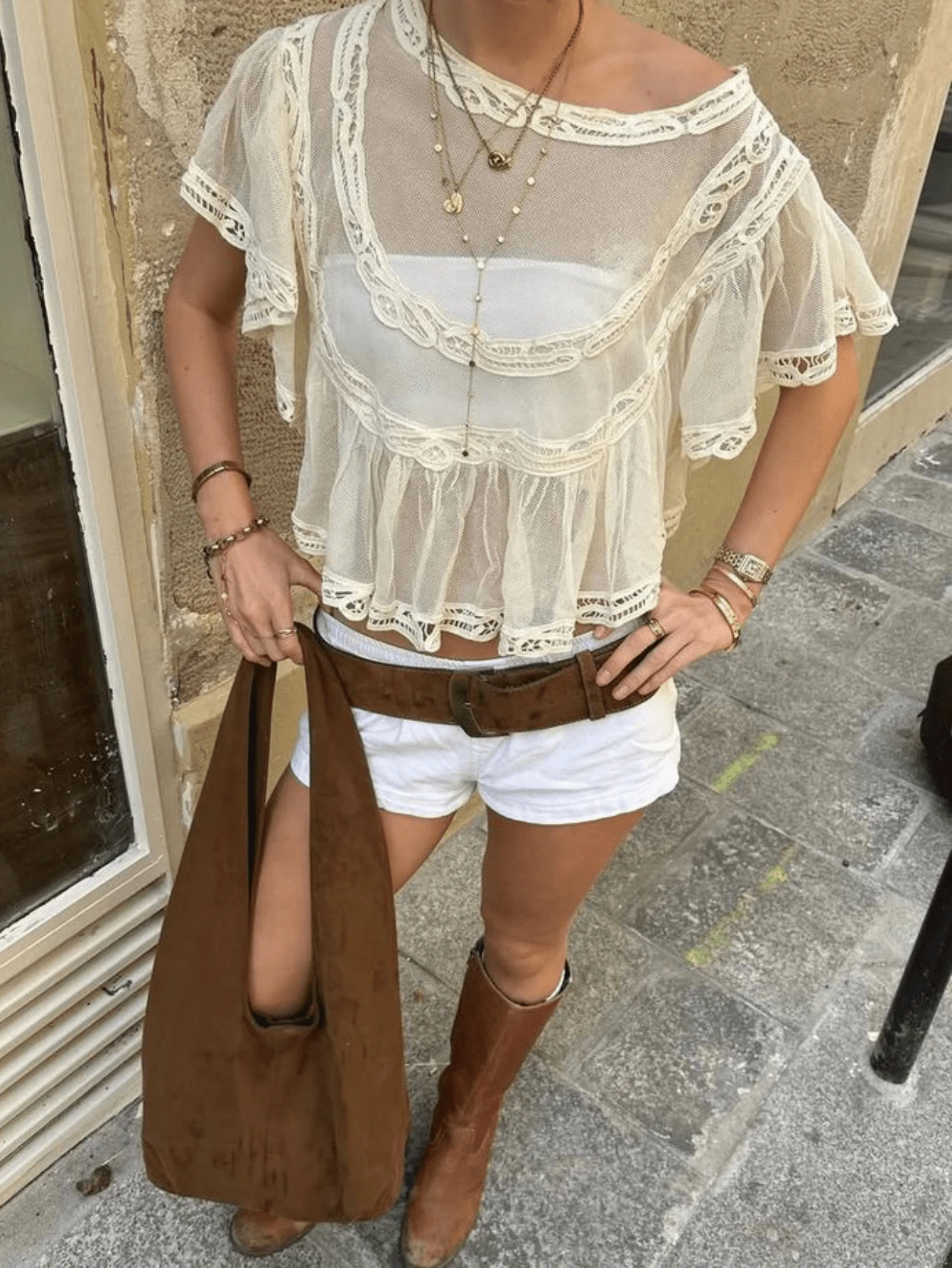 Womens Boho Sheer Mesh Lace Blouse Y2K Chiffon Ruffle Sleeve See Through Babydoll Cropped Shirt Top Summer Beach Vacation Cover Up Going Out Tops - 白色 - 查看 1
