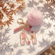 1pc Pink Glitter Letter Keychain (A-Z) - Dried Flower Shell Resin Letter Charm With Pop Pom Pom, Leather Tassel And Oil-Drip Daisy Beetle Accessory, Fashion Key Ring, Suitable For Bags/Cars, Cute Gift For Women And Mothers - Multicolor - View 10