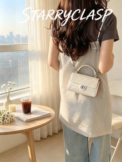 Cream White Quilted Rhinestone Handbag Small Square Bag With Rotating Lock And Adjustable Spaghetti Strap, Mini Crossbody Bag For Girls