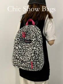 Nylon Backpack, Black And White Leopard Print, Pink Zipper And Logo Patch, Multi-Pocket Large Capacity School Bag, Y2K Style, Suitable For Teenage Girls Daily Campus Outings - Black and White - View 9