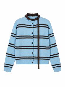 Light Blue & Brown Contrast Minimalist Vintage Striped Knit Cardigan, Round Neck Single-Breasted Loose Fit With Decorative Ribbon, Versatile Commuter Casual Top - Dreamy Blue - View 4