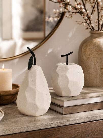 1pc Apple Pear Decorative Figurine Set, Stone Look Fruit Sculpture, Minimalist Tabletop Ornament, Modern Nordic Shelf Decor For Living Room, Bedroom, Entryway, Bookshelf, TV Stand, Housewarming Gift