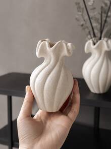 1pc Wabi-Sabi Style Spotted Cream Ribbed Reed Diffuser Bottle, Lotus Leaf Wavy Rim Design, Minimalist Dried Flower Fragrance Vessel, Neutral Color Living Room Desktop Aesthetic Decor Gift - Spiral Aroma Bottle - View 3