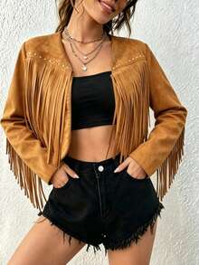 elfnokto Women's Solid Color Tassel Design Open Front Casual Versatile Daily Long Sleeve Jacket - Brown - View 4