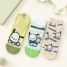 3雙 MINISO Sanrio Pochacco 卡通短襪系列，優質棉針織低筒襪，綠色與米色可愛角色襪，舒適休閒足部配件，適合搭配運動鞋、樂福鞋和帆布鞋 - 36-43 - 查看 2