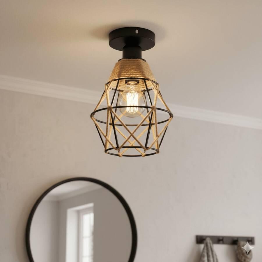 1/2pcs Vintage Rope Iron Cage Ceiling Light, Nordic Style Creative Personalized Hallway Entryway E27 Ceiling Light Fixture, B&B Restaurant Balcony Decorative Lighting (Bulb Not Included) - Black - View 1