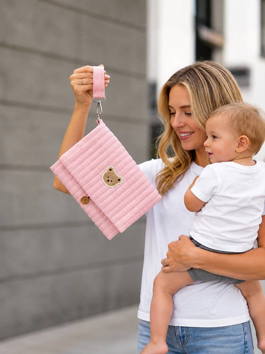 Cute Bear Portable Foldable Diaper Storage Bag, Hanging Multi-Compartment Organizer Bag, Suitable For Baby Wipes And Travel Essentials