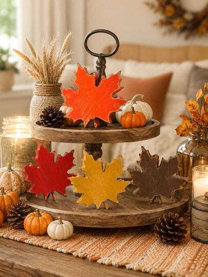 4pcs Autumn Vintage Solid Wood Maple Leaf Tabletop Signs, 5mm Self-Standing Wood, 4 Colors Distressed Washed Wood Grain Finish, Fully Rounded Smooth Edges Without Burrs; Suitable For 3-Tier Tray, Thanksgiving Harvest, Gentle Halloween, Rustic Coffee Corner, Window Display Autumn Decor, Double-Sided View, Waterproof, Wear-Resistant, Reusable Storage