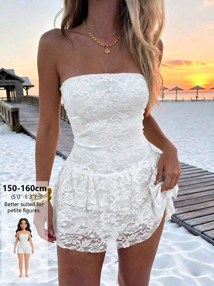 Dila Polly 2026 夏季女款純色蕾絲修身抹胸性感迷你洋裝,可愛白色抹胸迷你洋裝配荷葉邊裙擺與內建短褲,適合春季出遊、旅行、度假、田園下午茶、女生聚會、週末出遊等場合,秋季/四季可穿 - 白色 - 查看 1