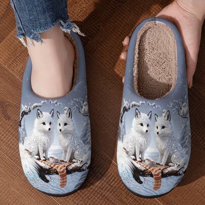 1 Pair Unisex Casual Fabric Slippers, Cartoon Arctic Fox Print, Anti-Slip, Winter Home Wear