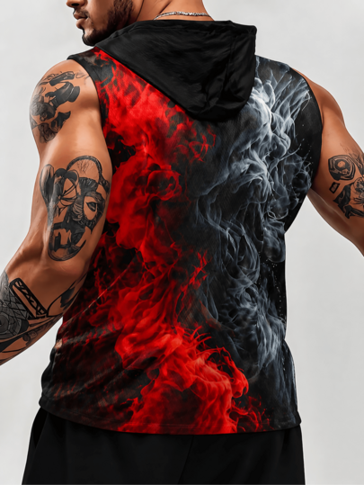Red Black Flame Gradient Sleeveless Hooded Tank Top, Breathable Outdoor Fitness Hoodie