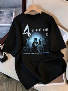 Vintage Grafik-T-Shirt 4 Forest Leon Zombie, Blautöne, im Stil eines Spielposters, für Männer und Frauen, Retro, Klassisch, Horror, Y2K, Otaku, Kurzarm. - Schwarz - Übersicht 1
