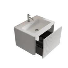 Washbasin With Vanity Unit For Small Bathrooms, Mineral Cast Basin, Grooved Design, 60cm Wall-Mounted Bathroom Unit, Natural Oak Color, Pre-Assembled - 白色 - 查看 5