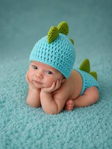 Newborn Photography Costume Props, Dinosaur 2-Piece Set Including Hat And Diaper Cover, Knitted Baby Clothes, Studio And Home Photo Props Accessories, Party Gift - Multicolor - View 2