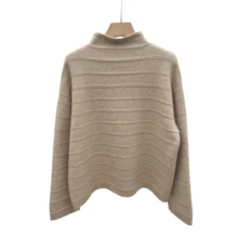 Plus Size Women's Beige Knit Stand Collar Drop Shoulder Long Sleeve Pullover Sweater, Medium Stretch, Standard Length, Autumn/Winter Essential - Apricot - View 7