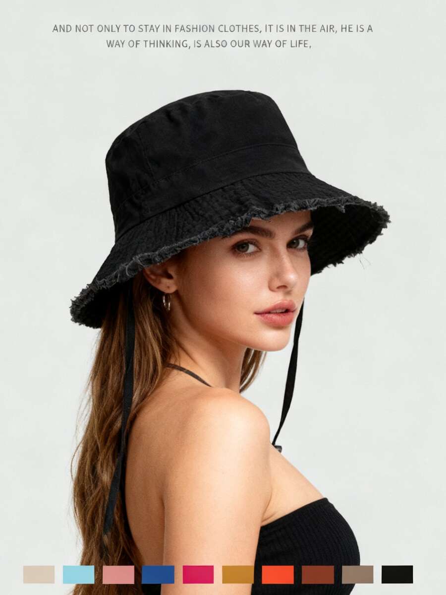 1pc/Set Women's Drawstring Bucket Hat, Adjustable Chin Strap Design, Distressed Effect, Soft Fabric, Sun Protection, Windproof, Fashionable And Versatile, Suitable For Travel, Beach, Vacation, Daily Casual Wear - Multicolor - View 1