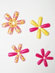 24pcs Almond Shape Shiny Pink Solid Color Press-On Nails, Long Yellow Floral Outline Pattern, Nude Transparent Acrylic Fake Nails Set, Includes 1pc Jelly Glue And 1pc Nail File, Summer Bright Floral Manicure, Suitable For Women And Girls, Daily Vacation Beach - Multicolor - View 5