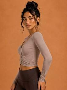 Never me Women's Knitted Long Sleeve Cropped T-Shirt With Ruched Chest, Elastic Comfortable Casual Daily Workout Yoga Top - Dusty Pink - View 3