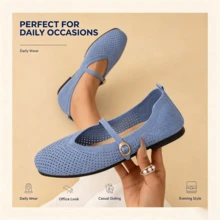 Women's Breathable Knit Casual Soft Sole Ballet Flats, Daily Mary Jane Flat Shoes With Round Toe, Comfortable Walking Shoes For School And Commuting - Blue - View 5