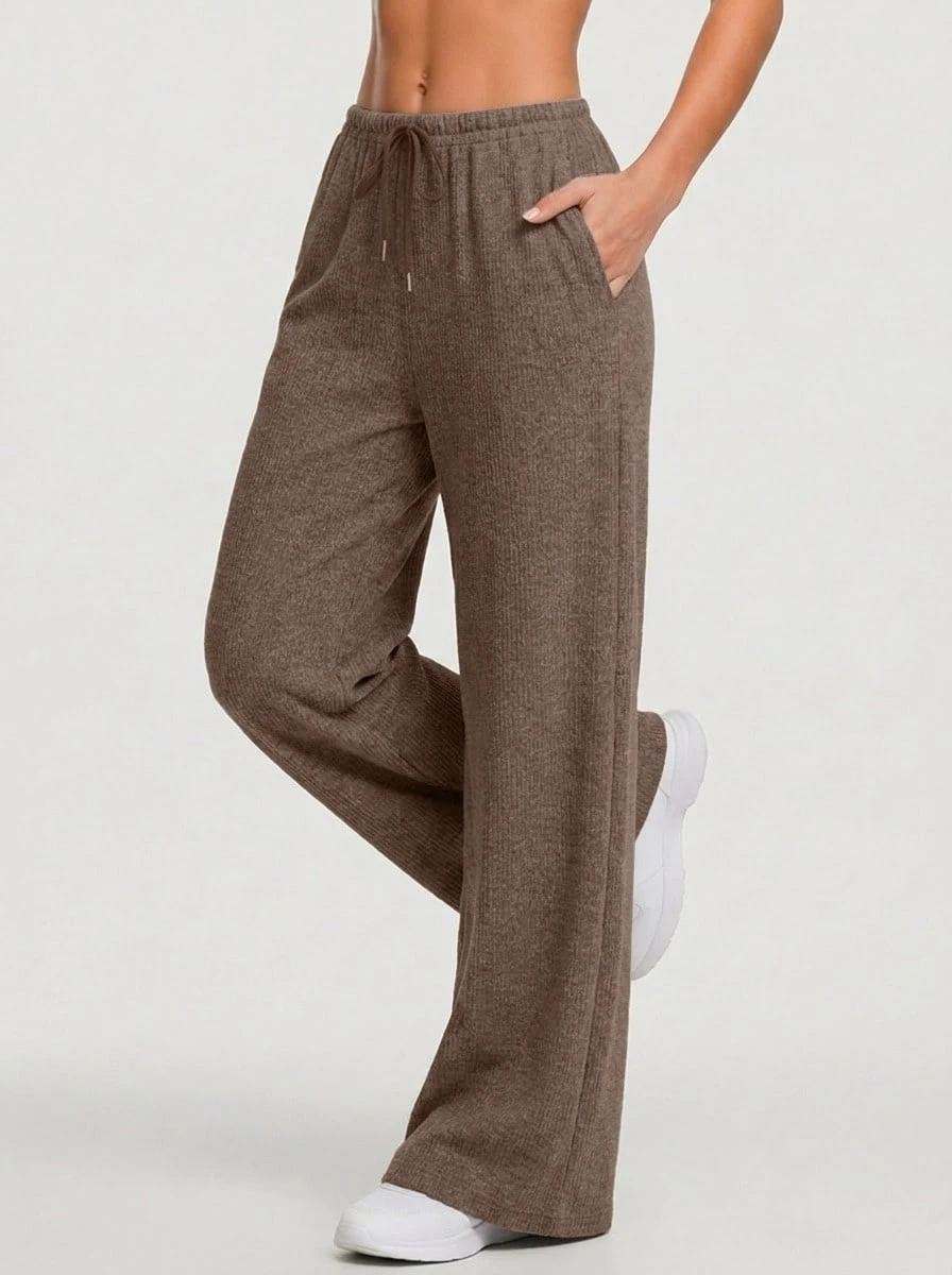 Never me Celana Olahraga Wanita Model Lurus dan Lebar, Pinggang Elastis Pas Badan dengan Tali Serut, Legging Pilates dan Lari - Coffee Brown - View 1