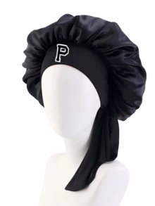 1pc A-Z Letter Adjustable Tie Style! Black Satin Letter Hair Care Sleep Cap, Women's Exclusive, Home Sleep Hair Care Bonnet, Luxury Care Hat - Black - View 11
