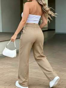 Women's Casual Daily Solid Color Draped High Waist Loose Straight Leg Wide Leg Pants For Office And Work, Autumn - Khaki - View 5
