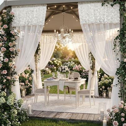 Elegant Luxury Semi Sheer Chiffon Curtains With 3D Raised Floral Lace & Rhinestone Trim, Light Flowy Transparent Window Drapes, Rod Pocket Pleated Voile Curtain Panels For Patio Gazebo Backyard Living Room Home Decor