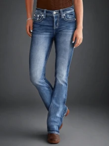 New Embroidered Slim Fit Washed Women's Jeans - Navy Blue - View 1