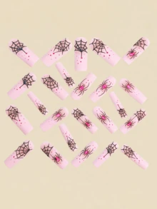 24pcs Halloween Press-On Nails, Matte Pink Rhinestone Spider Web Design, Y2K Style Square Long Fake Nails, Manicure Nail Tips - Pink - View 2