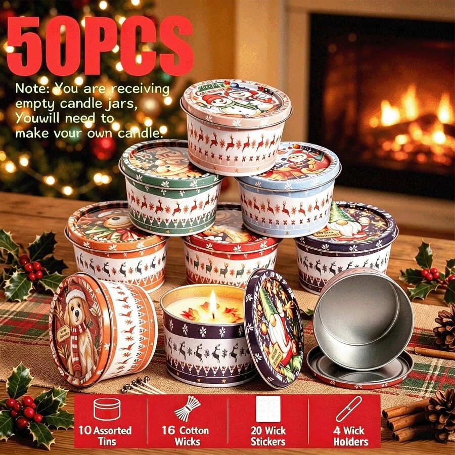 50pcs Holiday Candle Making Kit, 10 Random Christmas Print Candle Jars With 40 Basic Crafting Tools, Multi-Purpose Indoor Winter Decor, DIY Handmade & Christmas Keepsake Gift