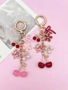 1pc/2pcs, Charming Pink Glitter Cherry Butterfly Pendant Bag Charm, Women's Handbag/Backpack/Shoulder Bag Accessory, Women's Travel Essential Keychain, Car Accessory, Room Decor, Back To School Fun Gift For Friends - Multicolor - View 5