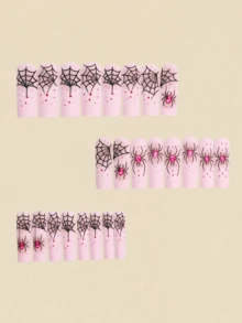 24pcs Halloween Press-On Nails, Matte Pink Rhinestone Spider Web Design, Y2K Style Square Long Fake Nails, Manicure Nail Tips - Pink - View 3