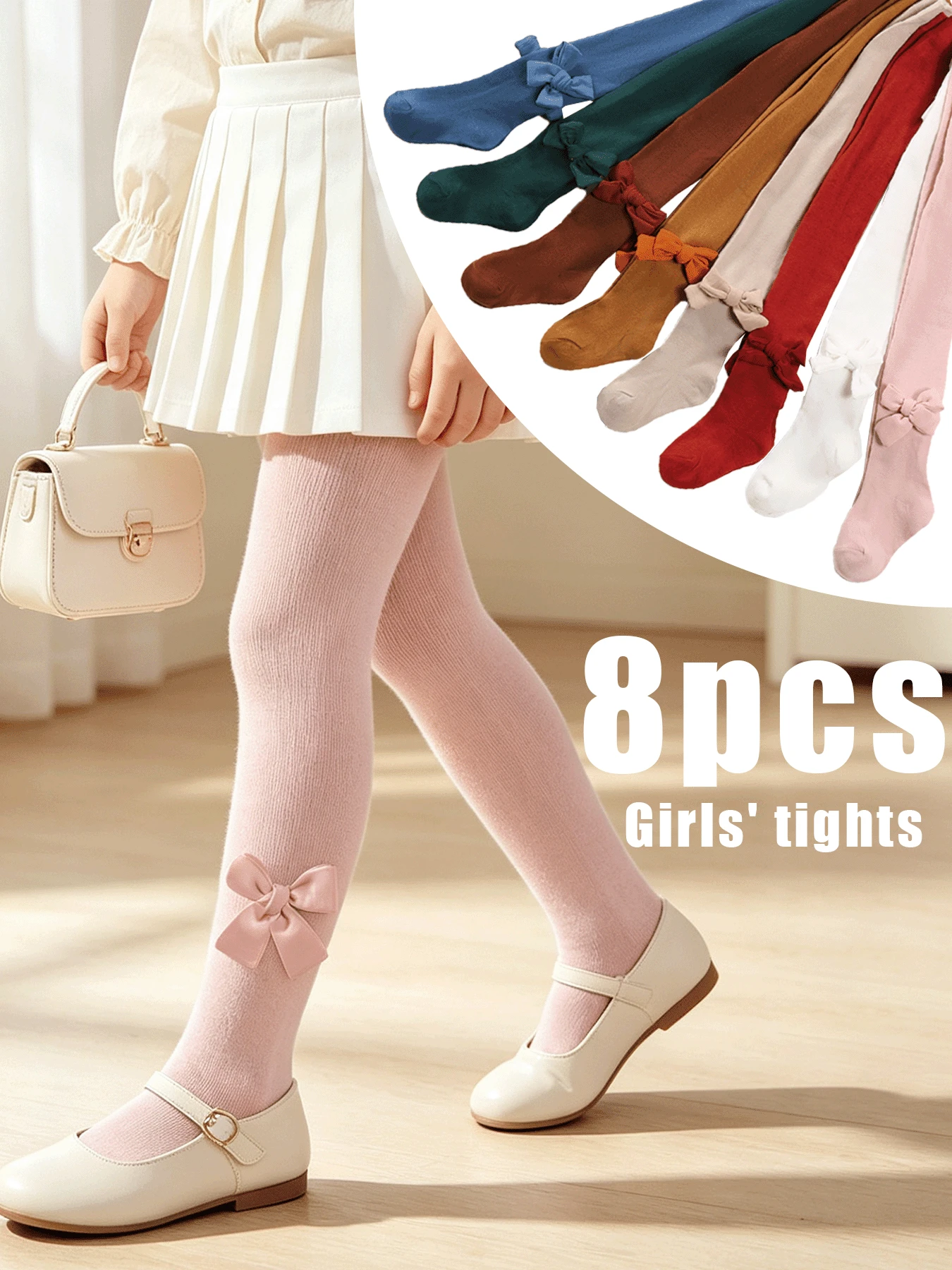 8 Pairs Girls Bowknot Tights, Soft Elastic Solid Color Leggings For Spring And Autumn - Multicolor - View 1