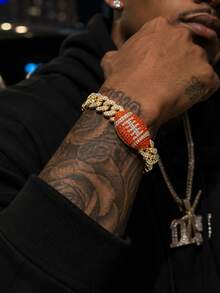 Men's Full Rhinestone Football Cuban Bracelet, Hip-Hop Colorful Rhinestone Thick Chain Bracelet, Sports Fan Party Accessory Gift, Gold And Silver Dual Color Options - Football Bracelet - View 3