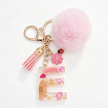 1pc Pink Glitter Letter Keychain (A-Z) - Dried Flower Shell Resin Letter Charm With Pop Pom Pom, Leather Tassel And Oil-Drip Daisy Beetle Accessory, Fashion Key Ring, Suitable For Bags/Cars, Cute Gift For Women And Mothers - Multicolor - View 35