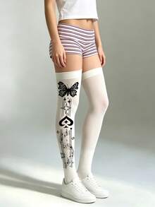 1 Pasang Kaos Kaki Panjang Selutut Motif Kupu-kupu dan Not Musik Ukuran Plus, Elastis, Seksi, Modis, dan Imut untuk Kencan Sehari-hari, Musim Semi, Musim Gugur, Perjalanan, dan Halloween - MultiWarna - View 8